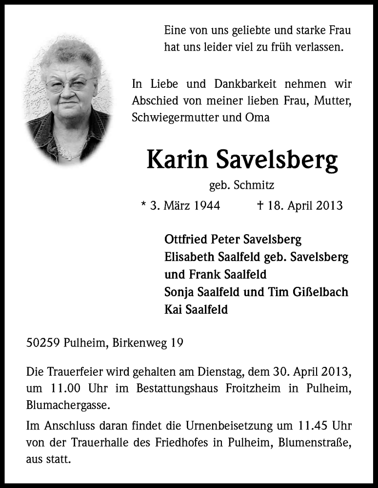  Traueranzeige für Karin Savelsberg vom 27.04.2013 aus Kölner Stadt-Anzeiger / Kölnische Rundschau / Express