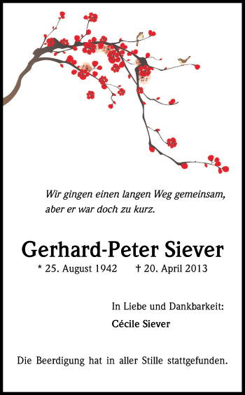 Anzeige von Gerhard-Peter Siever von Kölner Stadt-Anzeiger / Kölnische Rundschau / Express
