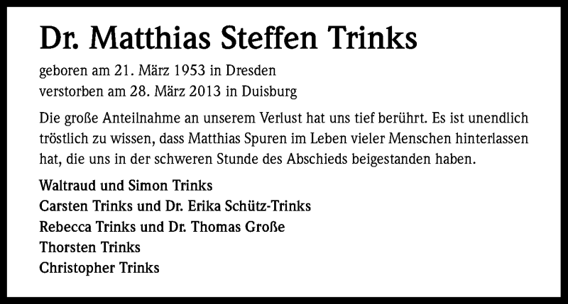  Traueranzeige für Matthias Steffen Trinks vom 27.04.2013 aus Kölner Stadt-Anzeiger / Kölnische Rundschau / Express