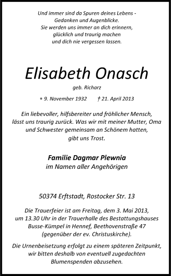 Anzeige von Elisabeth Onasch von Kölner Stadt-Anzeiger / Kölnische Rundschau / Express