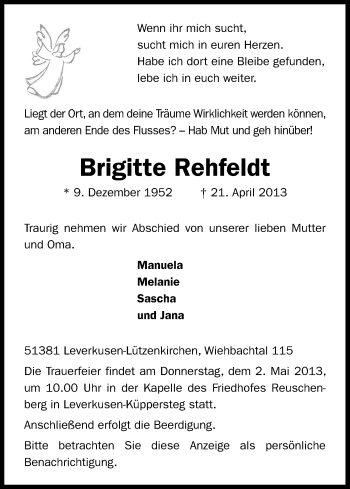 Anzeige von Brigitte Rehfeldt von Kölner Stadt-Anzeiger / Kölnische Rundschau / Express