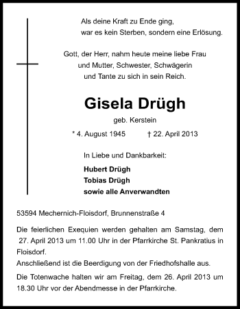 Anzeige von Gisela Drügh von Kölner Stadt-Anzeiger / Kölnische Rundschau / Express