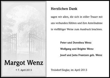 Anzeige von Margot Wenz von Kölner Stadt-Anzeiger / Kölnische Rundschau / Express