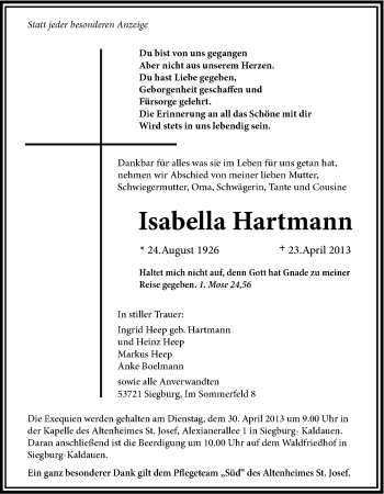 Anzeige von Isabella Hartmann von Kölner Stadt-Anzeiger / Kölnische Rundschau / Express