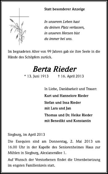 Anzeige von Berta Rieder von Kölner Stadt-Anzeiger / Kölnische Rundschau / Express