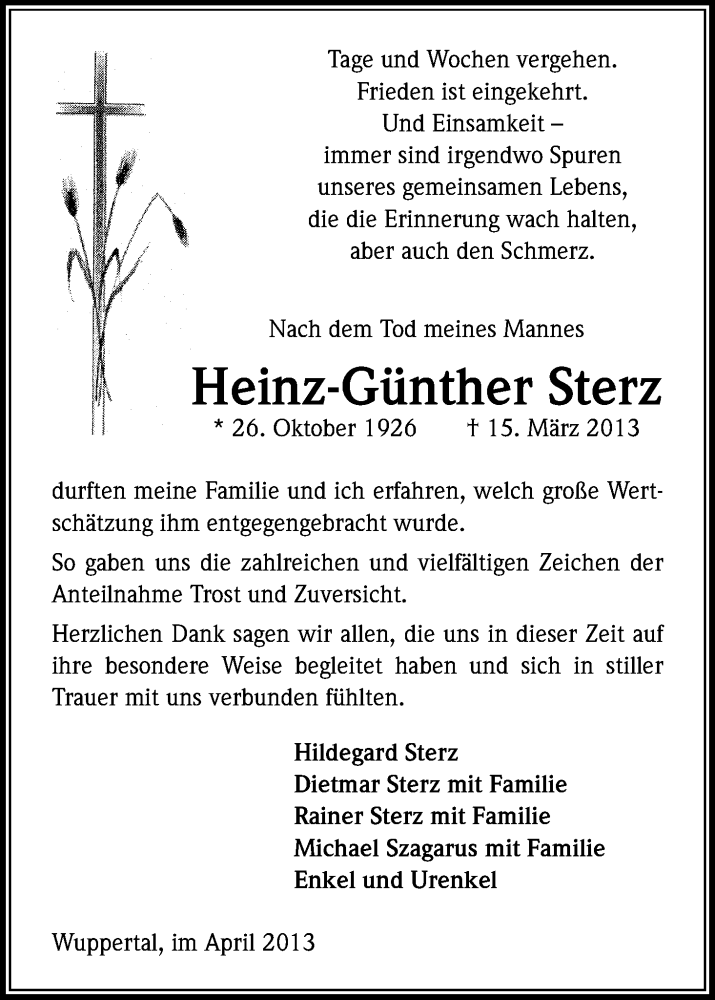  Traueranzeige für Heinz-Günther Sterz vom 27.04.2013 aus Kölner Stadt-Anzeiger / Kölnische Rundschau / Express