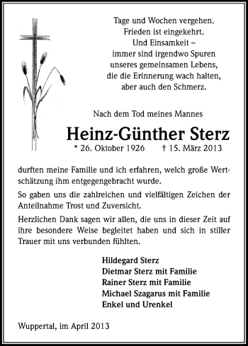 Anzeige von Heinz-Günther Sterz von Kölner Stadt-Anzeiger / Kölnische Rundschau / Express