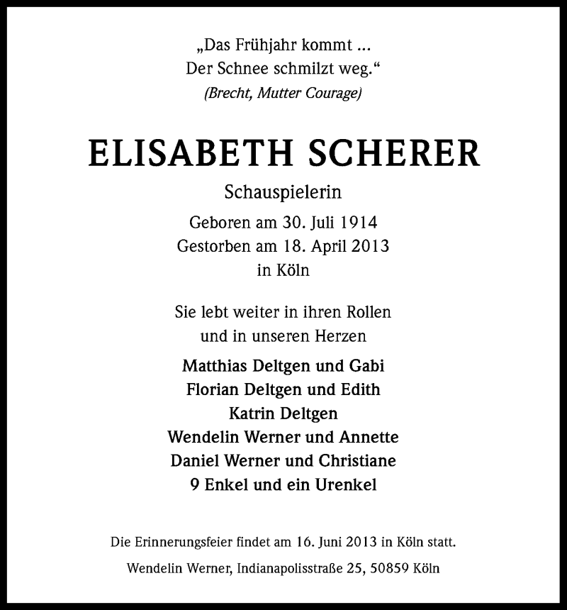  Traueranzeige für Elisabeth Scherer vom 27.04.2013 aus Kölner Stadt-Anzeiger / Kölnische Rundschau / Express