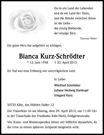 Anzeige von Bianca Kurz-Schrödter von Kölner Stadt-Anzeiger / Kölnische Rundschau / Express