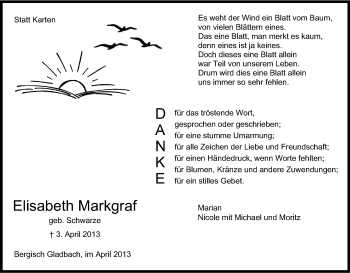 Anzeige von Elisabeth Markgraf von Kölner Stadt-Anzeiger / Kölnische Rundschau / Express