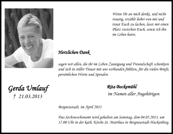 Anzeige von Gerda Umlauf von Kölner Stadt-Anzeiger / Kölnische Rundschau / Express
