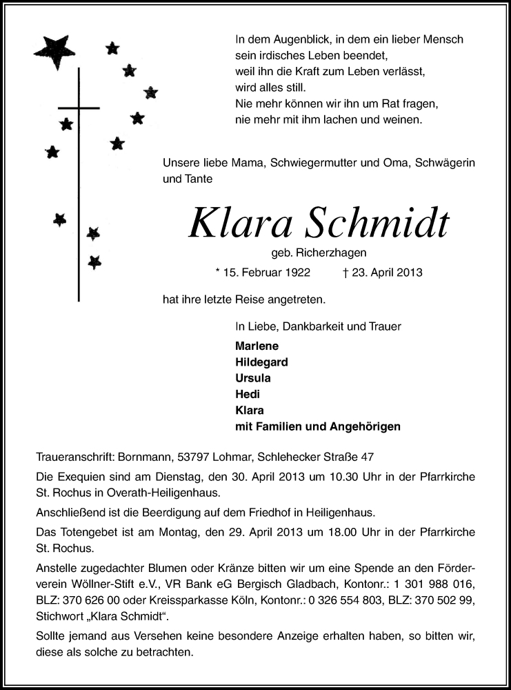  Traueranzeige für Klara Schmidt vom 26.04.2013 aus Kölner Stadt-Anzeiger / Kölnische Rundschau / Express