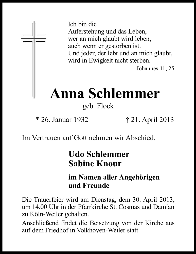  Traueranzeige für Anna Schlemmer vom 27.04.2013 aus Kölner Stadt-Anzeiger / Kölnische Rundschau / Express