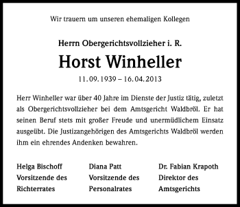 Anzeige von Horst Winheller von Kölner Stadt-Anzeiger / Kölnische Rundschau / Express
