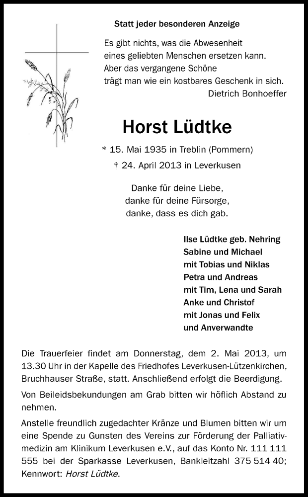  Traueranzeige für Horst Lüdtke vom 27.04.2013 aus Kölner Stadt-Anzeiger / Kölnische Rundschau / Express