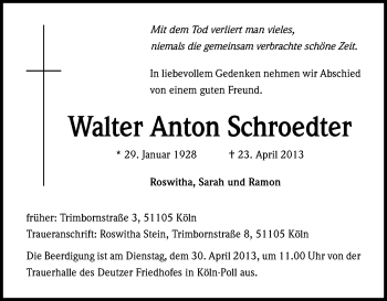 Anzeige von Walter Anton Schroedter von Kölner Stadt-Anzeiger / Kölnische Rundschau / Express