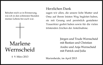 Anzeige von Marlene Wernscheid von Kölner Stadt-Anzeiger / Kölnische Rundschau / Express