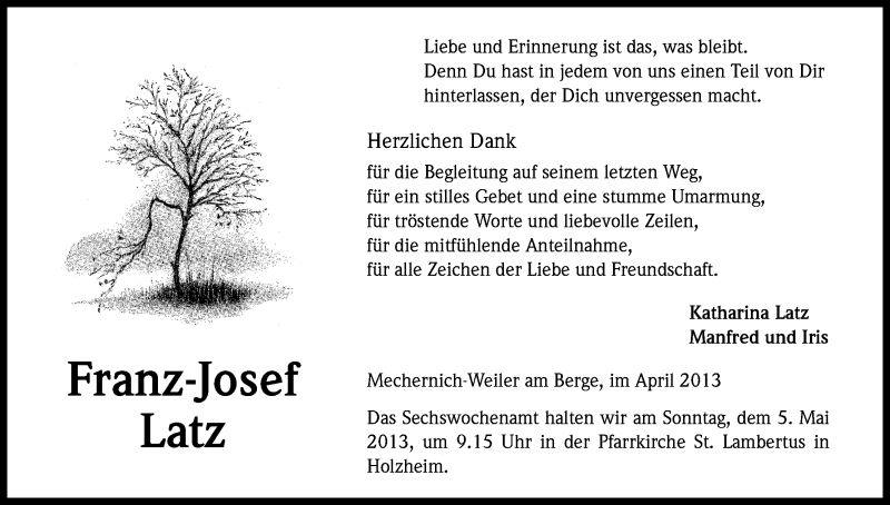  Traueranzeige für Franz-Josef Latz vom 27.04.2013 aus Kölner Stadt-Anzeiger / Kölnische Rundschau / Express