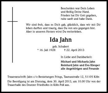 Anzeige von Ida Jahn von Kölner Stadt-Anzeiger / Kölnische Rundschau / Express