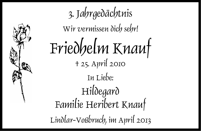  Traueranzeige für Friedhelm Knauf vom 26.04.2013 aus Kölner Stadt-Anzeiger / Kölnische Rundschau / Express