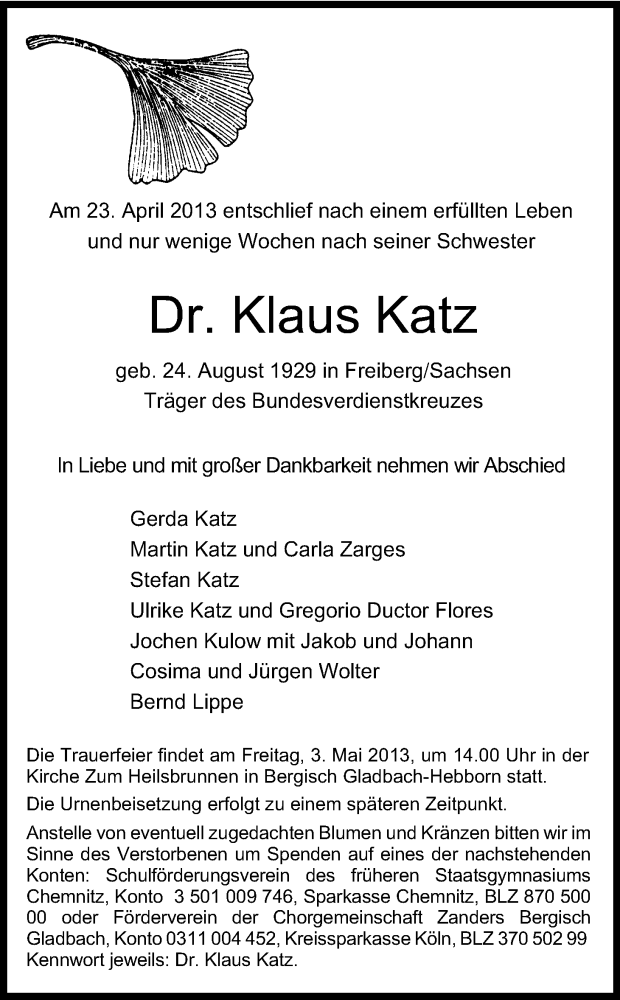  Traueranzeige für Klaus Katz vom 26.04.2013 aus Kölner Stadt-Anzeiger / Kölnische Rundschau / Express