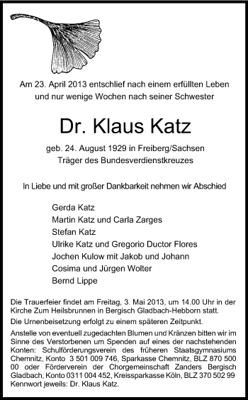 Anzeige von Klaus Katz von Kölner Stadt-Anzeiger / Kölnische Rundschau / Express