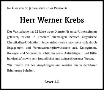 Anzeige von Werner Krebs von Kölner Stadt-Anzeiger / Kölnische Rundschau / Express
