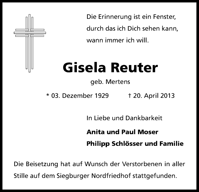  Traueranzeige für Gisela Reuter vom 04.05.2013 aus Kölner Stadt-Anzeiger / Kölnische Rundschau / Express