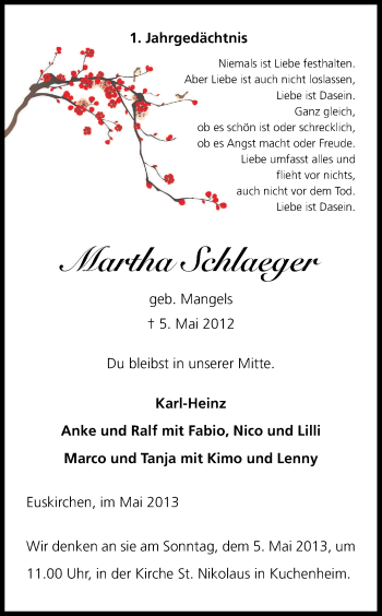 Anzeige von Martha Schlaeger von Kölner Stadt-Anzeiger / Kölnische Rundschau / Express