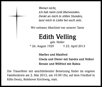 Anzeige von Edith Velling von Kölner Stadt-Anzeiger / Kölnische Rundschau / Express