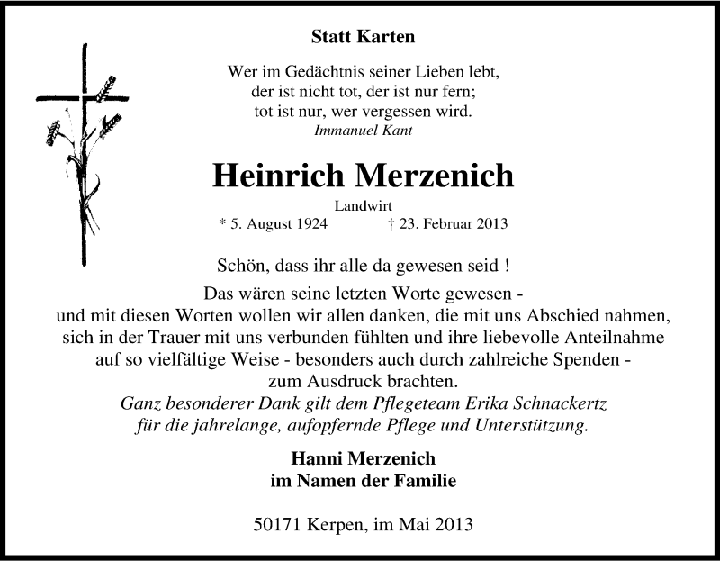  Traueranzeige für Heinrich Merzenich vom 04.05.2013 aus Kölner Stadt-Anzeiger / Kölnische Rundschau / Express
