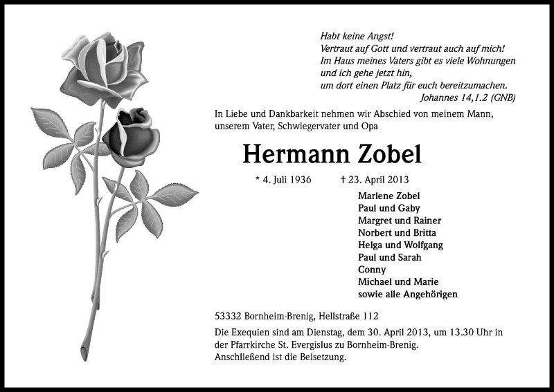  Traueranzeige für Hermann Zobel vom 27.04.2013 aus Kölner Stadt-Anzeiger / Kölnische Rundschau / Express