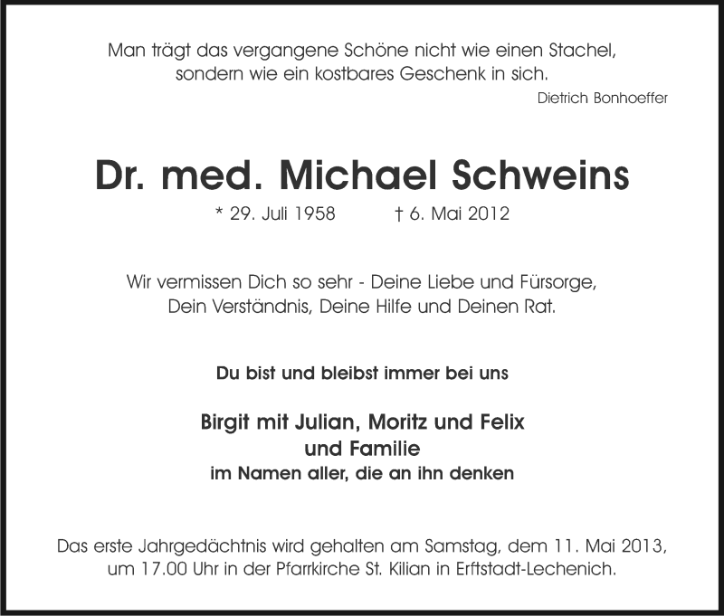  Traueranzeige für Michael Schweins vom 04.05.2013 aus Kölner Stadt-Anzeiger / Kölnische Rundschau / Express