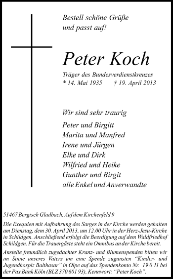 Anzeige von Peter Koch von Kölner Stadt-Anzeiger / Kölnische Rundschau / Express