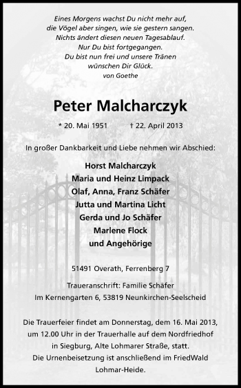 Anzeige von Peter Malcharczyk von Kölner Stadt-Anzeiger / Kölnische Rundschau / Express