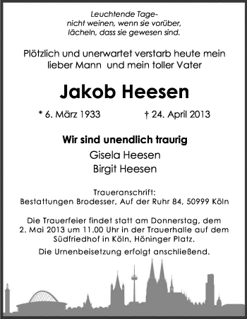 Anzeige von Jakob Heesen von Kölner Stadt-Anzeiger / Kölnische Rundschau / Express