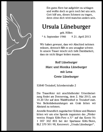 Anzeige von Ursula Lüneburger von Kölner Stadt-Anzeiger / Kölnische Rundschau / Express