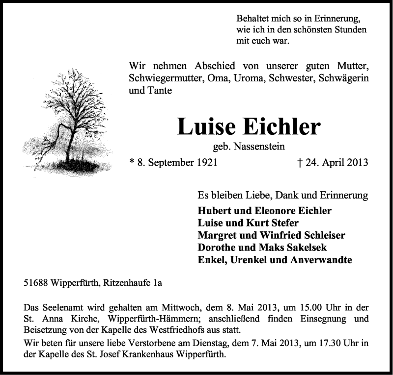  Traueranzeige für Luise Eichler vom 27.04.2013 aus Kölner Stadt-Anzeiger / Kölnische Rundschau / Express