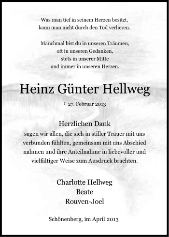 Anzeige von Heinz Günter Hellweg von Kölner Stadt-Anzeiger / Kölnische Rundschau / Express