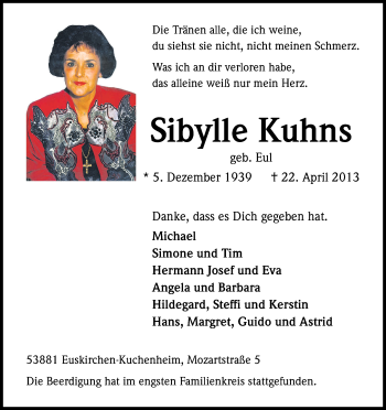 Anzeige von Sibylle Kuhns von Kölner Stadt-Anzeiger / Kölnische Rundschau / Express