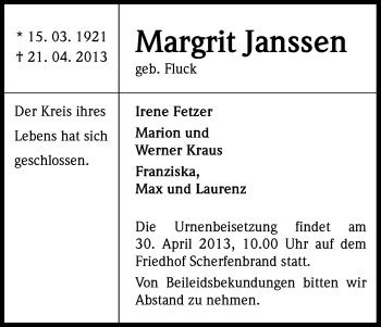 Anzeige von Margrit Janssen von Kölner Stadt-Anzeiger / Kölnische Rundschau / Express