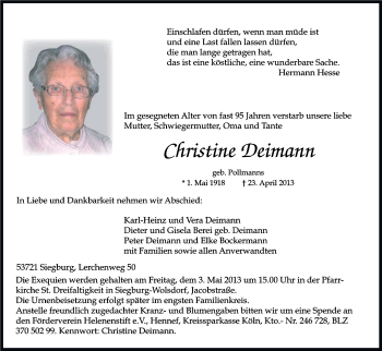 Anzeige von Christine Deimann von Kölner Stadt-Anzeiger / Kölnische Rundschau / Express