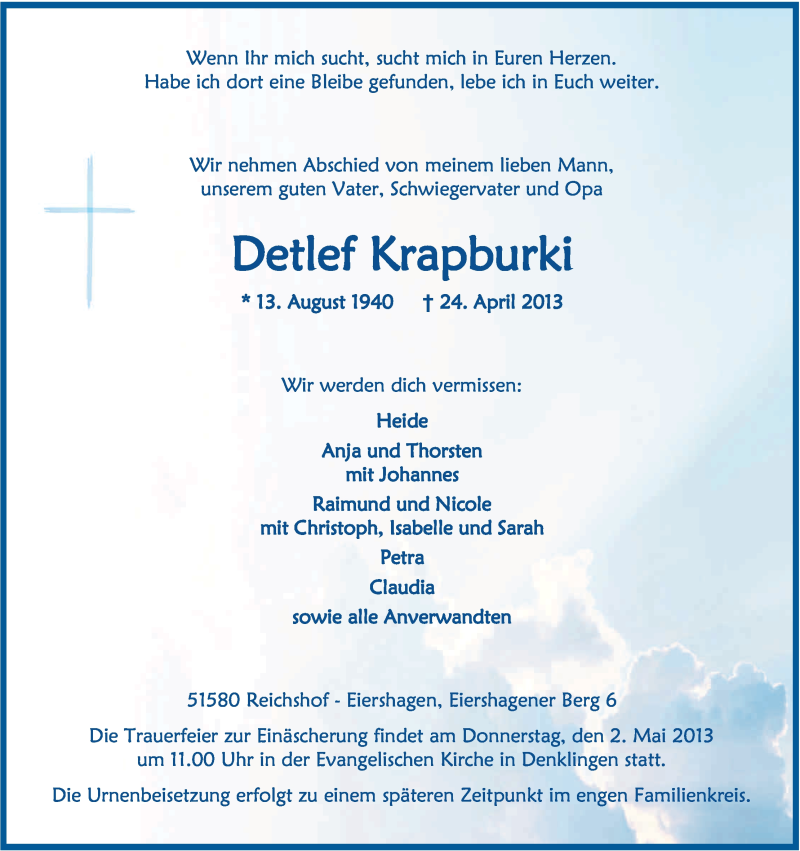  Traueranzeige für Detlef Krapburki vom 27.04.2013 aus Kölner Stadt-Anzeiger / Kölnische Rundschau / Express