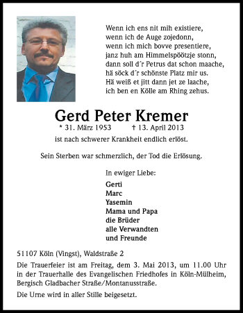 Anzeige von Gerd Peter Kremer von Kölner Stadt-Anzeiger / Kölnische Rundschau / Express