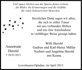 Anzeige von Annetrude Herold von Kölner Stadt-Anzeiger / Kölnische Rundschau / Express