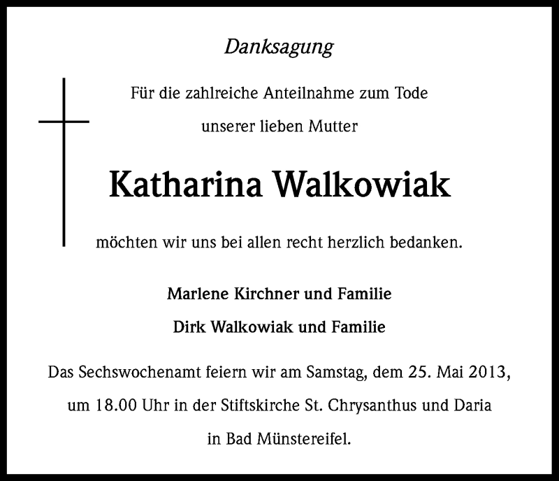  Traueranzeige für Katharina Walkowiak vom 27.04.2013 aus Kölner Stadt-Anzeiger / Kölnische Rundschau / Express