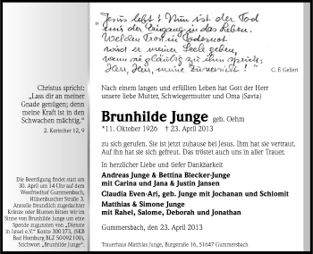 Anzeige von Brunhilde Junge von Kölner Stadt-Anzeiger / Kölnische Rundschau / Express
