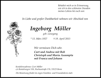 Anzeige von Ingeborg Möller von Kölner Stadt-Anzeiger / Kölnische Rundschau / Express