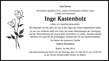 Anzeige von Inge Kastenholz von Kölner Stadt-Anzeiger / Kölnische Rundschau / Express