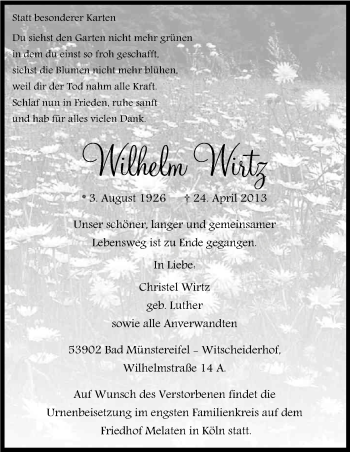 Anzeige von Wilhelm Wirtz von Kölner Stadt-Anzeiger / Kölnische Rundschau / Express